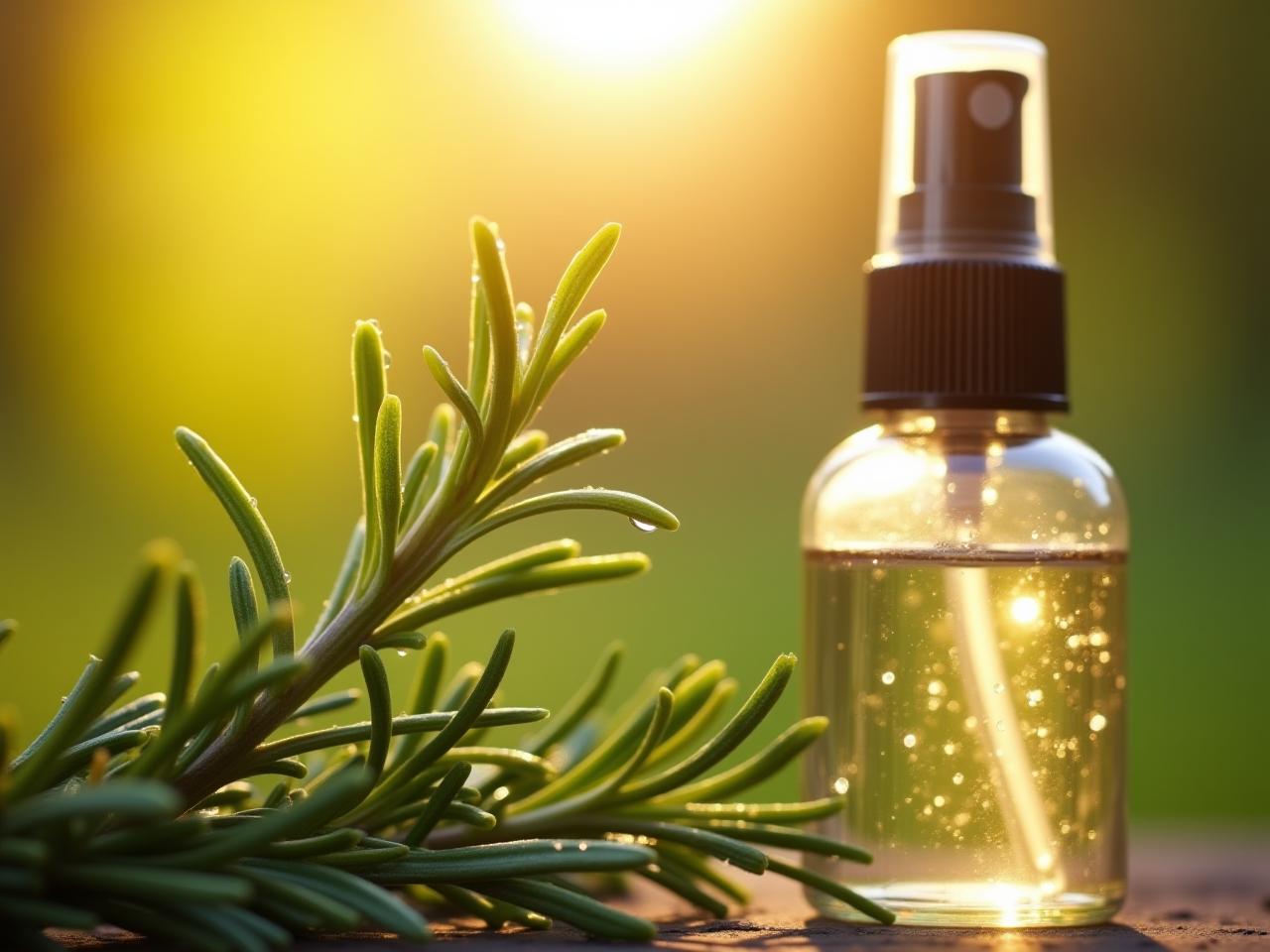 A close-up shot of fresh rosemary sprigs with water droplets, illuminated by sunlight, next to a spray bottle with a homemade rosemary insect repellent label.
