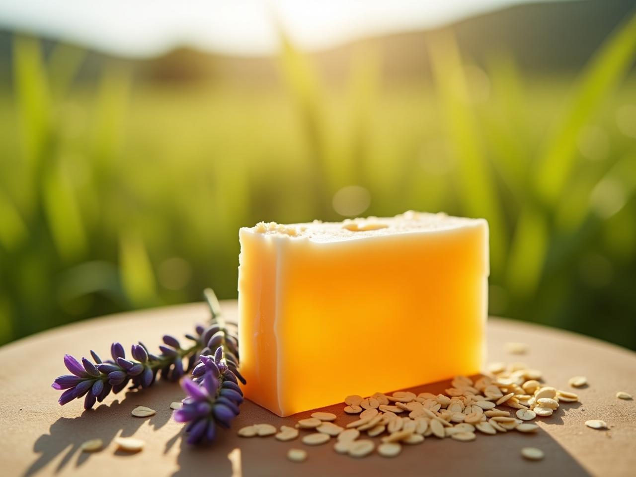Close-up of a bar of honey and goat milk soap, with natural ingredients like honey, oats, and a sprig of lavender. Background is a blurred image of green fields in the Galilee, Israel.