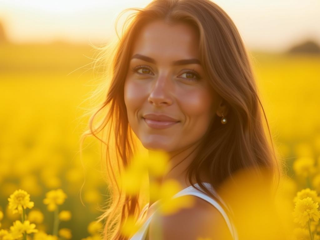 A close-up of a woman with healthy, shiny hair standing in a field of mustard flowers in the Galilee region of Israel. The sunlight is golden and warm.
