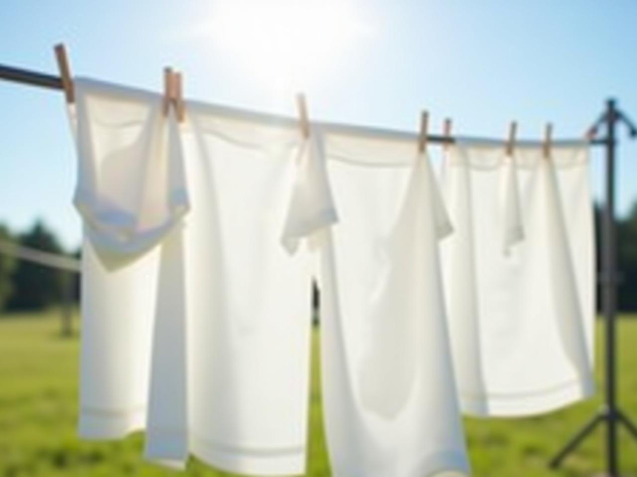 A clothes drying rack outside with white sheets blowing gently in the wind under a bright sunny sky.