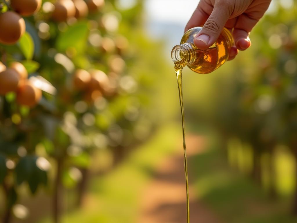 Close-up of hazelnut oil being poured, with blurred background of hazelnut trees in the Upper Galilee.