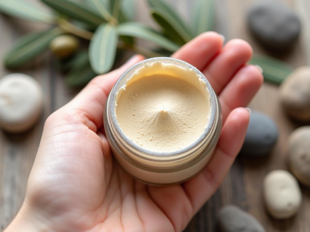 Close-up of a hand holding a small jar of natural powder deodorant with clay and baking soda, with olive branches and sea stones in the background, symbolizing natural beauty and Israeli connection to nature.