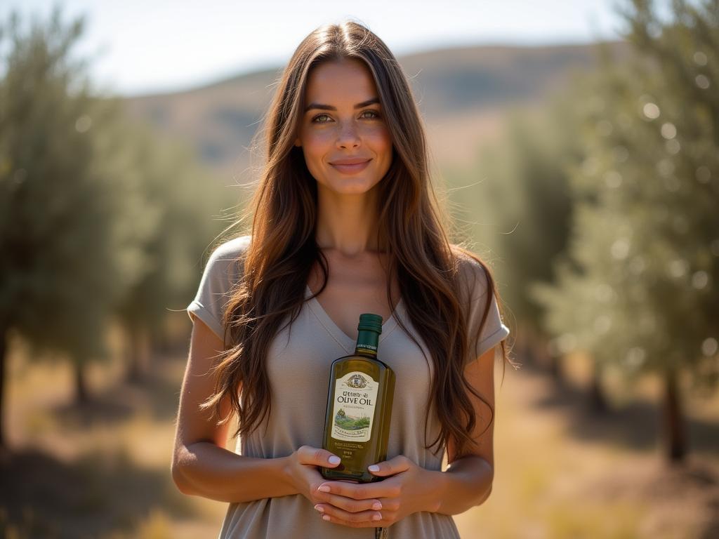 A woman with long, shiny hair standing in an olive grove in the Ella Valley, holding a bottle of olive oil.
