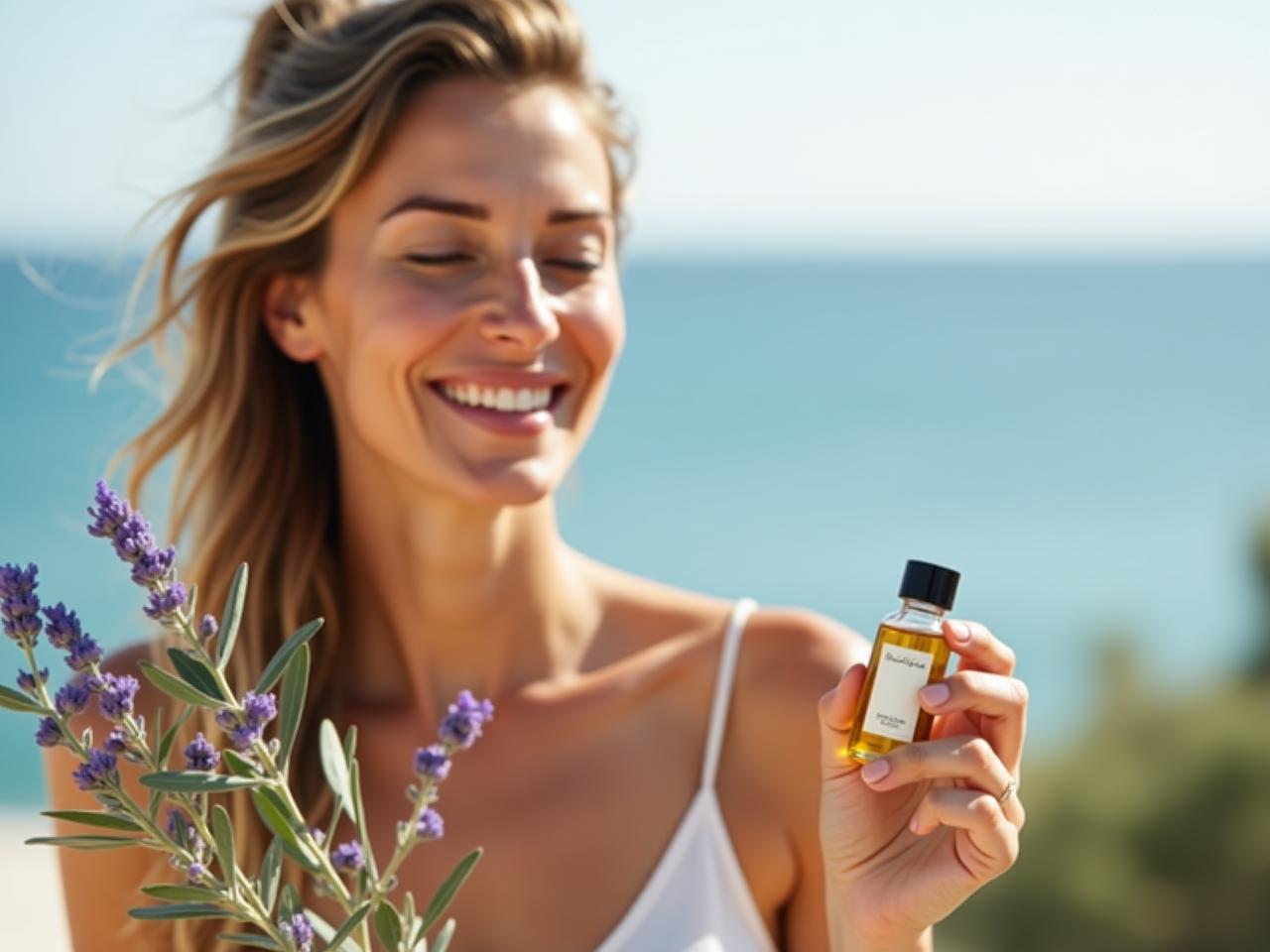 A woman smiling gently while holding a small bottle of homemade olive oil facial cleanser, surrounded by olive branches and lavender flowers, with a blurred background of the Mediterranean Sea.
