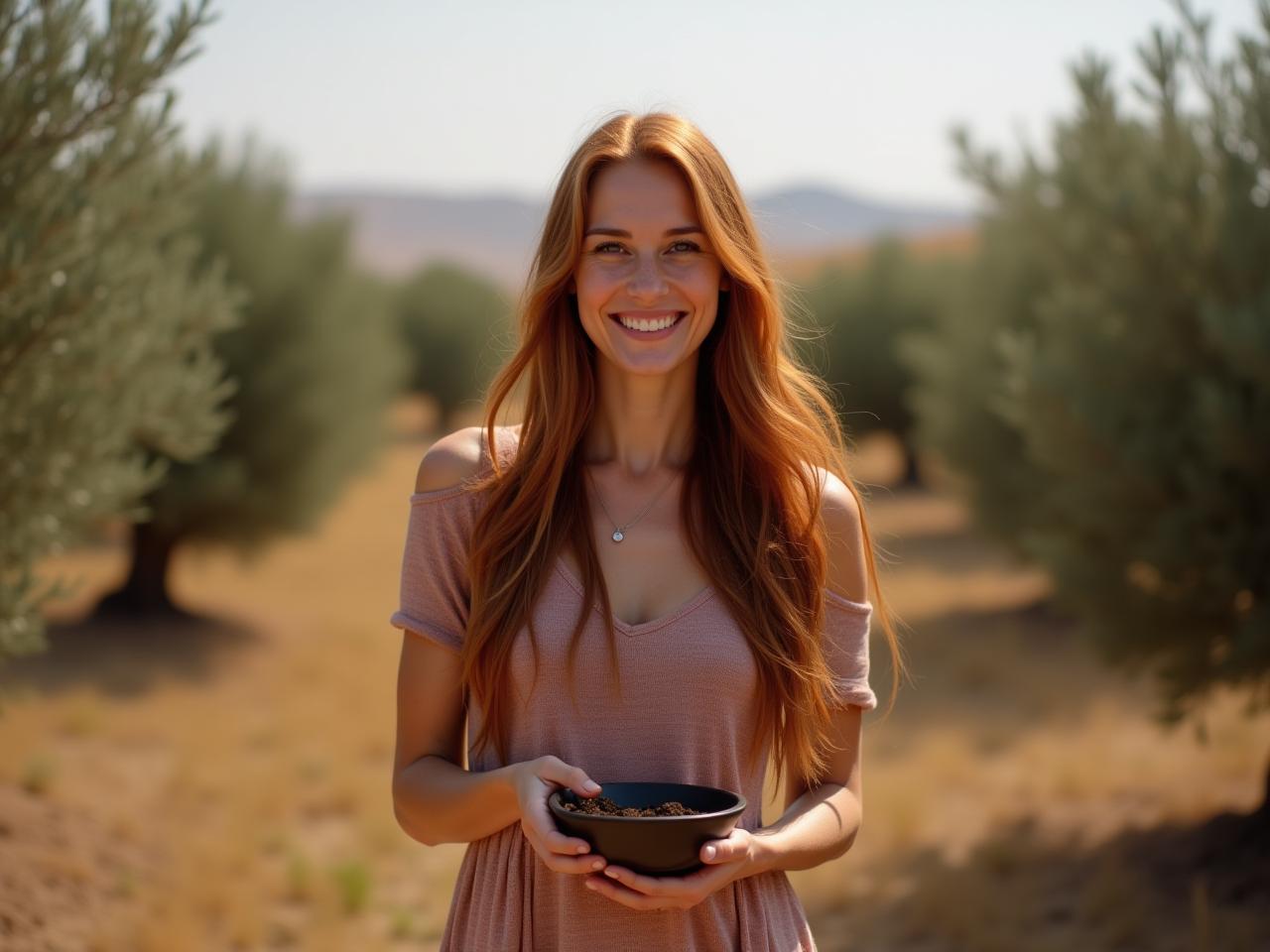 A woman with long, reddish-brown hair smiles while standing in a field of olive trees in the Galilee. She is holding a bowl of henna paste.