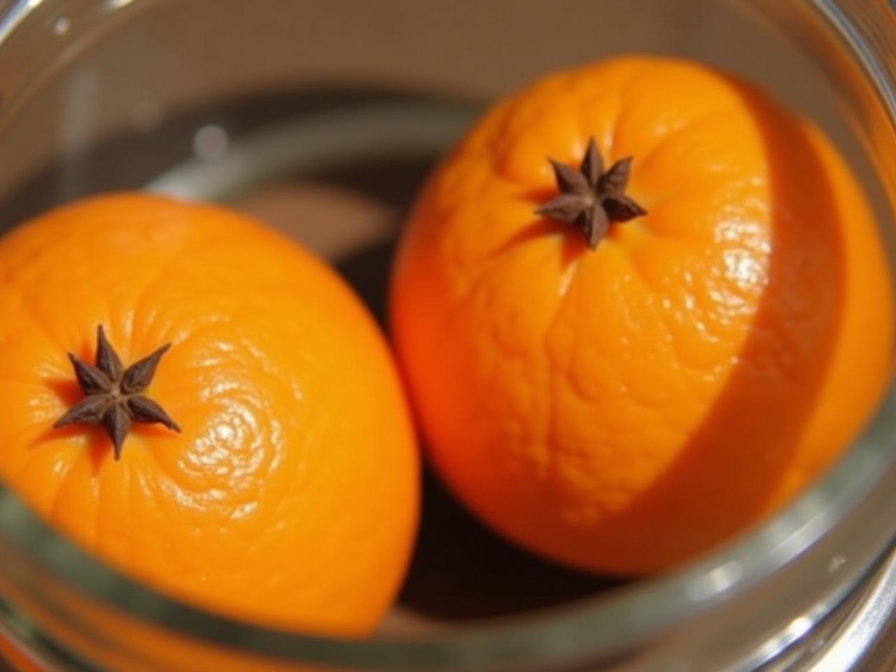 Two oranges studded with cloves in a glass jar, with a warm, natural light shining on them.