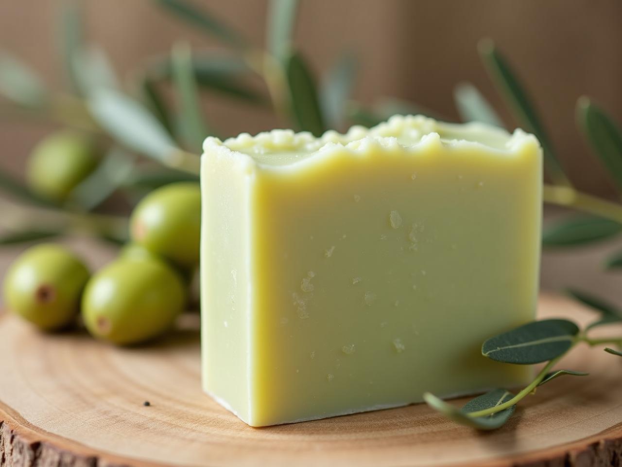 A homemade solid shampoo bar with natural ingredients like olive oil, green clay, and essential oils, displayed on a wooden surface with olive branches in the background.