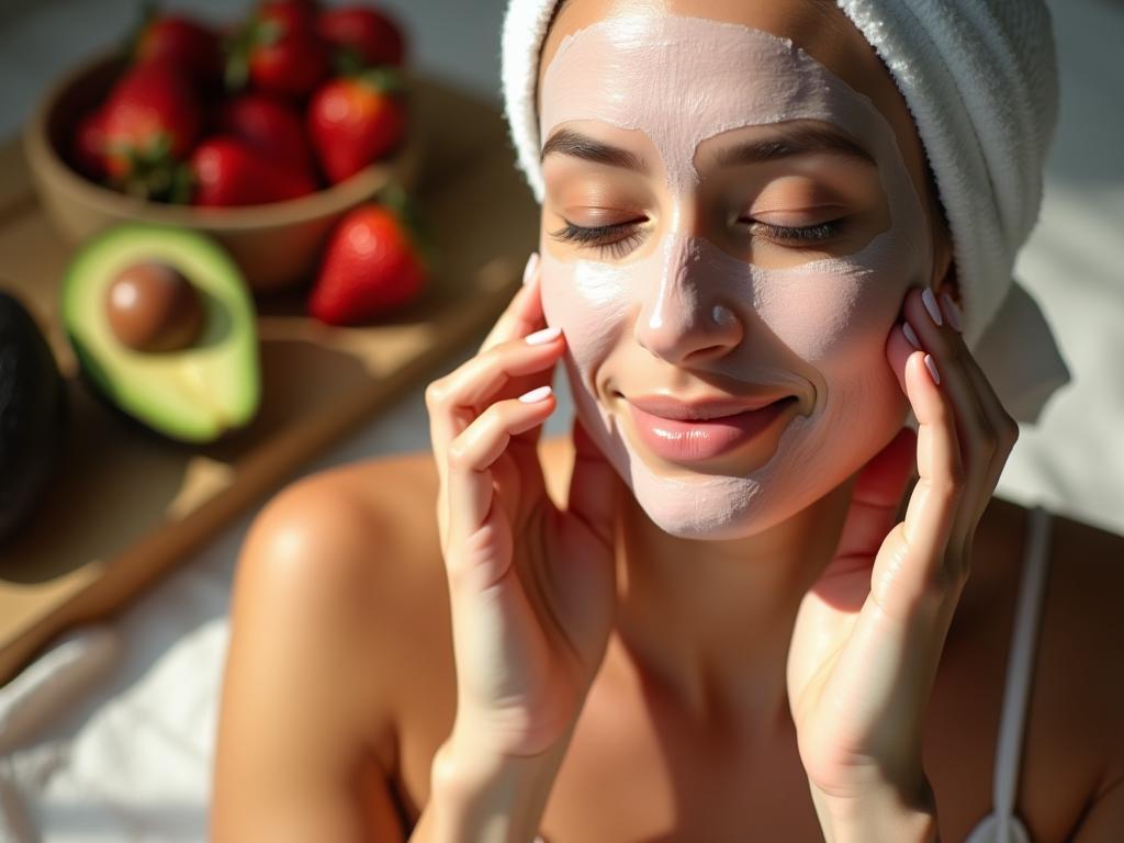 Close-up of a woman applying a homemade fruit mask to her face, with fresh fruits like strawberries and avocado in the background, and a warm natural light.