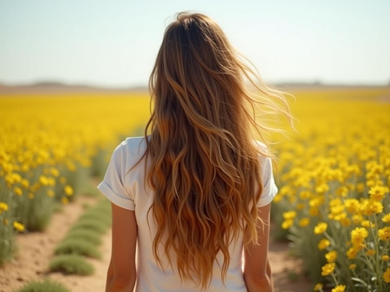 A woman with long, healthy hair standing in a field of wildflowers in the Negev desert.