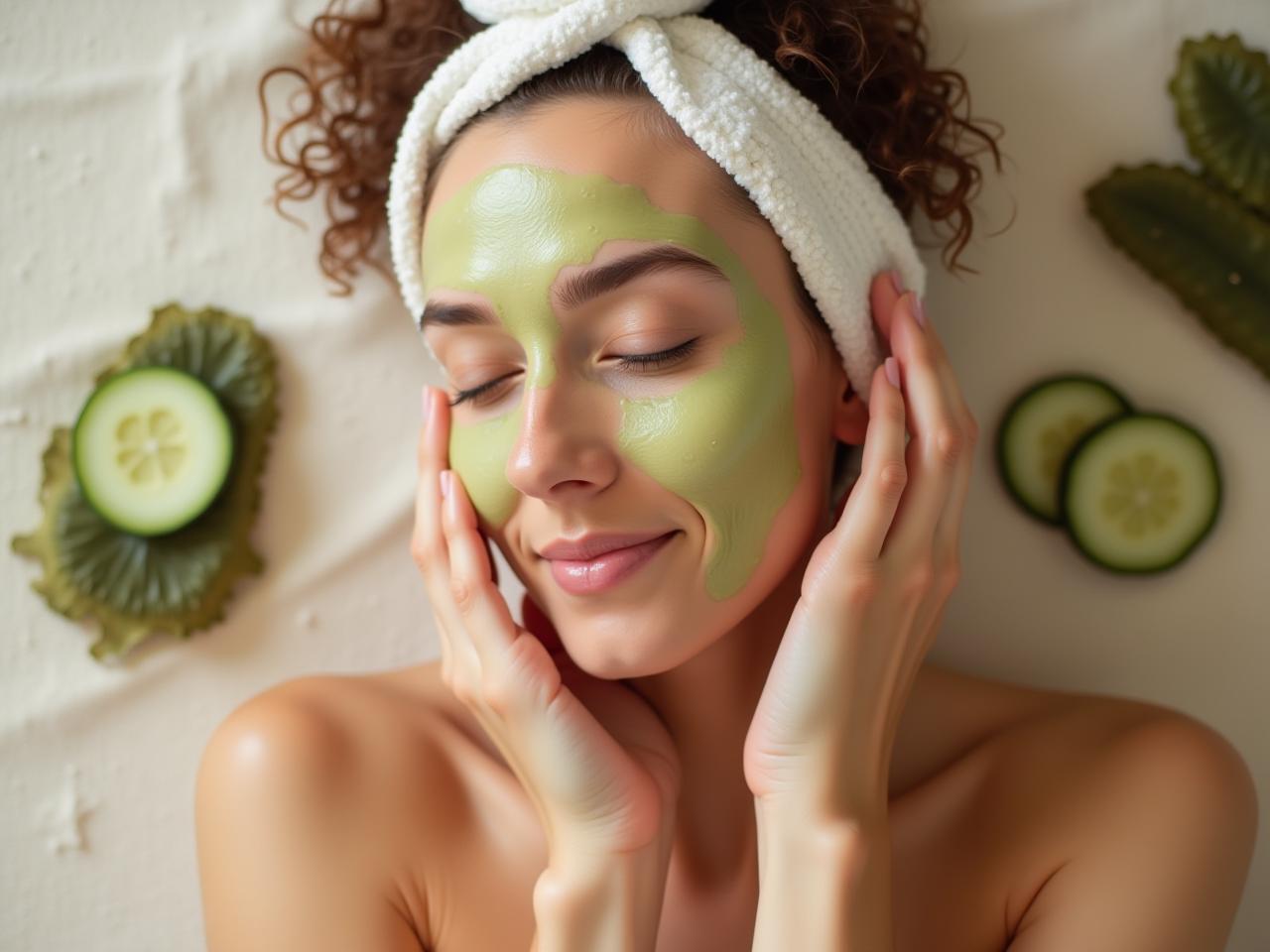 Close up shot of womans hands applying homemade cucumber sea oil to her face with natural ingredients like olive oil and dried sea cucumber surrounding her.