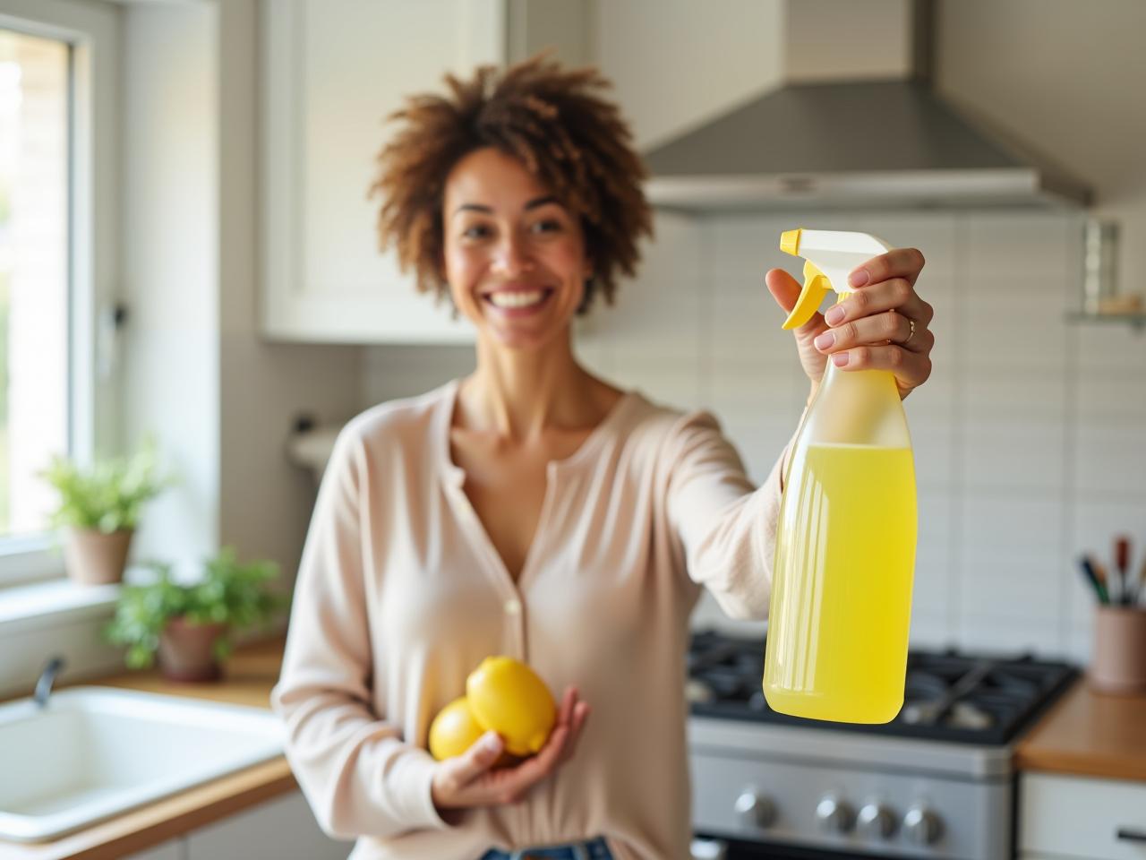 A woman smiling while spraying a natural lemon cleaning solution in her kitchen.