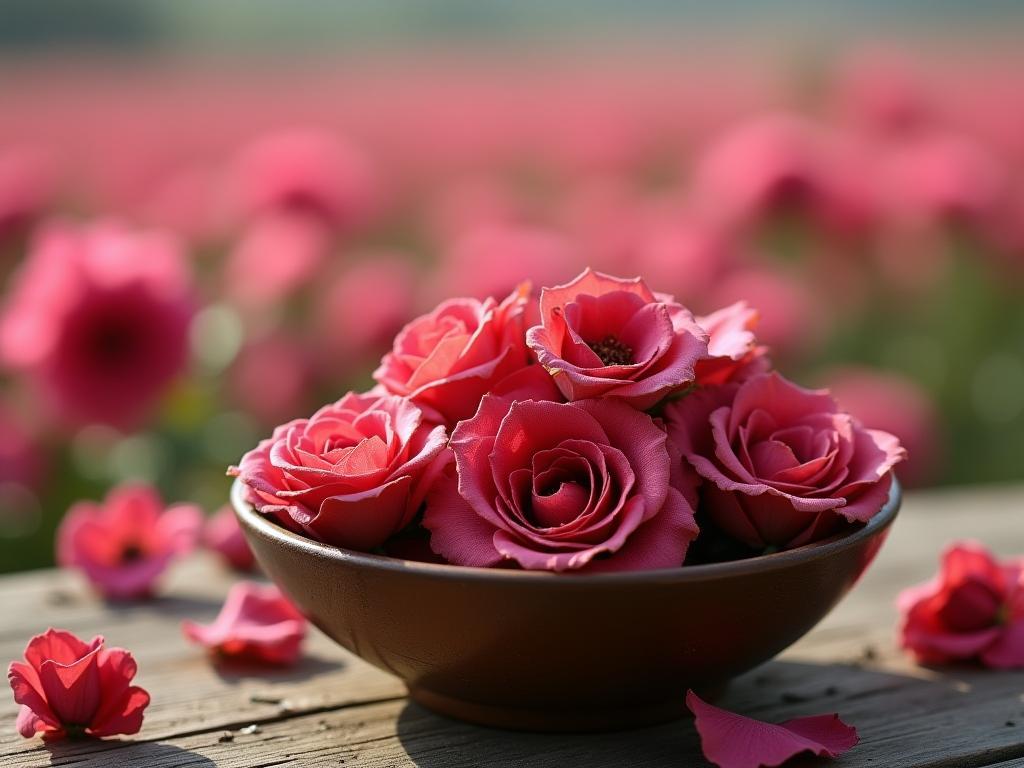 Dried Galilean roses in a bowl with essential oils, with a background of a blooming rose field in the Galilee.