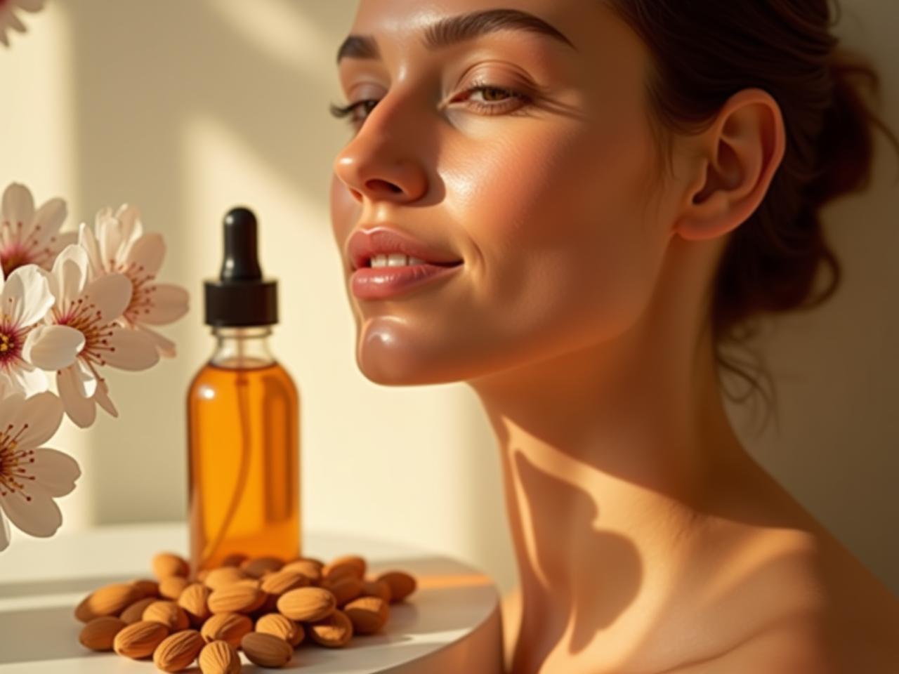 Close up of a womans glowing skin, with a bottle of almond serum in the background and almond blossoms softly blurred.