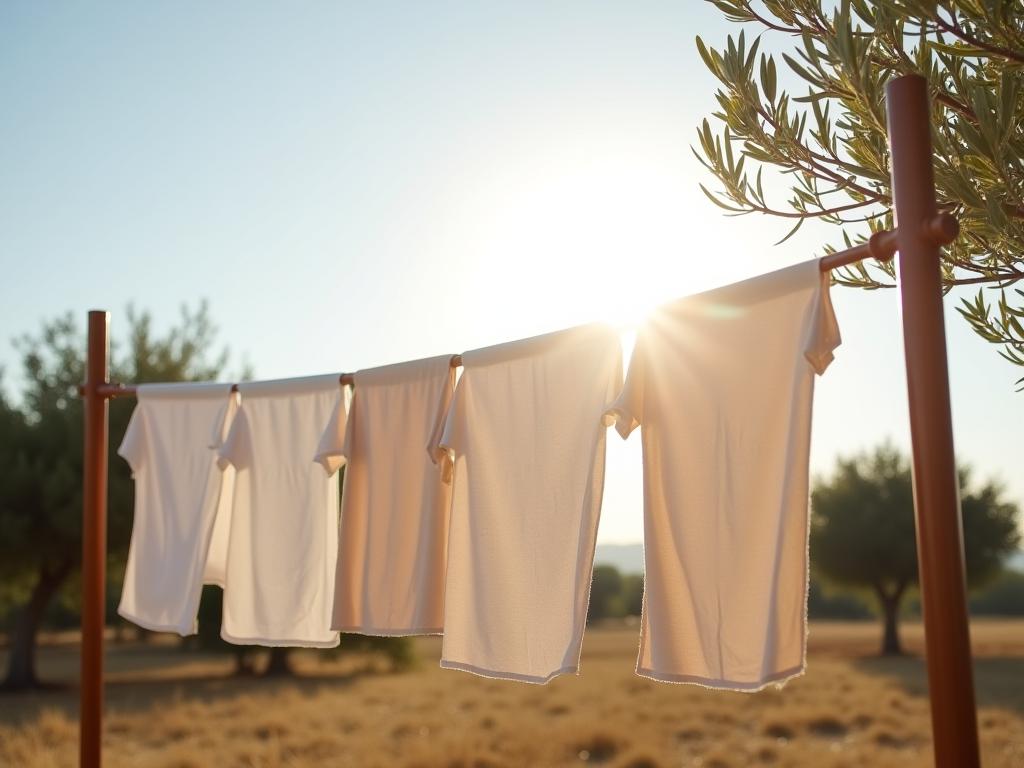 A clothes drying rack under the bright Israeli sun, with freshly washed clothes gently swaying in the breeze. Olive trees in the background.