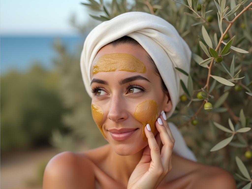 A close-up of an Israeli woman applying olive oil to her face, with a backdrop of olive trees and the Mediterranean Sea.