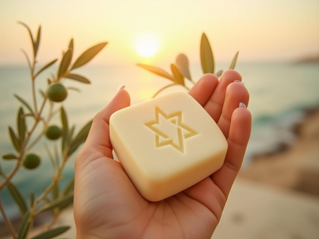 A woman holding a solid body lotion bar with olive branches and sea in the background, sun rays, natural light, organic materials, the words טבעי זה הכי Natural is the best in hebrew.