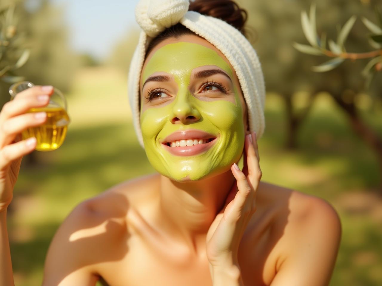 A close-up shot of a woman applying a homemade avocado and olive oil face mask. The background includes a sunlit olive grove and a bowl with the ingredients.