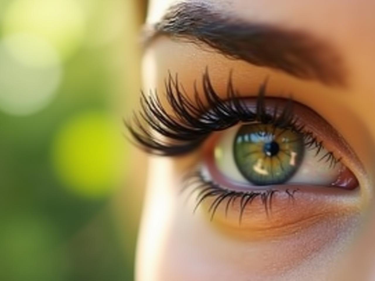 Close-up of a womans eye with long, dark eyelashes, enhanced with natural mascara made from activated charcoal and aloe vera. The background is blurred with hints of green foliage and soft sunlight, conveying a sense of natural beauty and purity.
