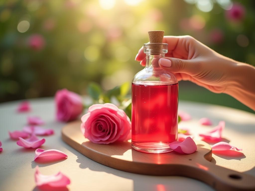 A close-up of a womans hand holding a glass bottle of homemade rose toner, with fresh rose petals scattered around, and a blurred background of a sunny garden in Israel.