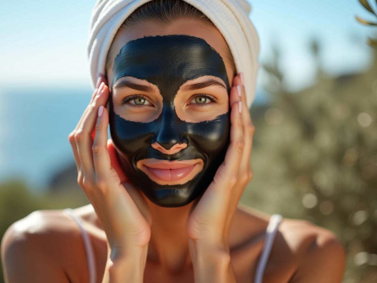 A woman with glowing skin applying a charcoal mask with a blurred background of olive trees and the Mediterranean Sea.