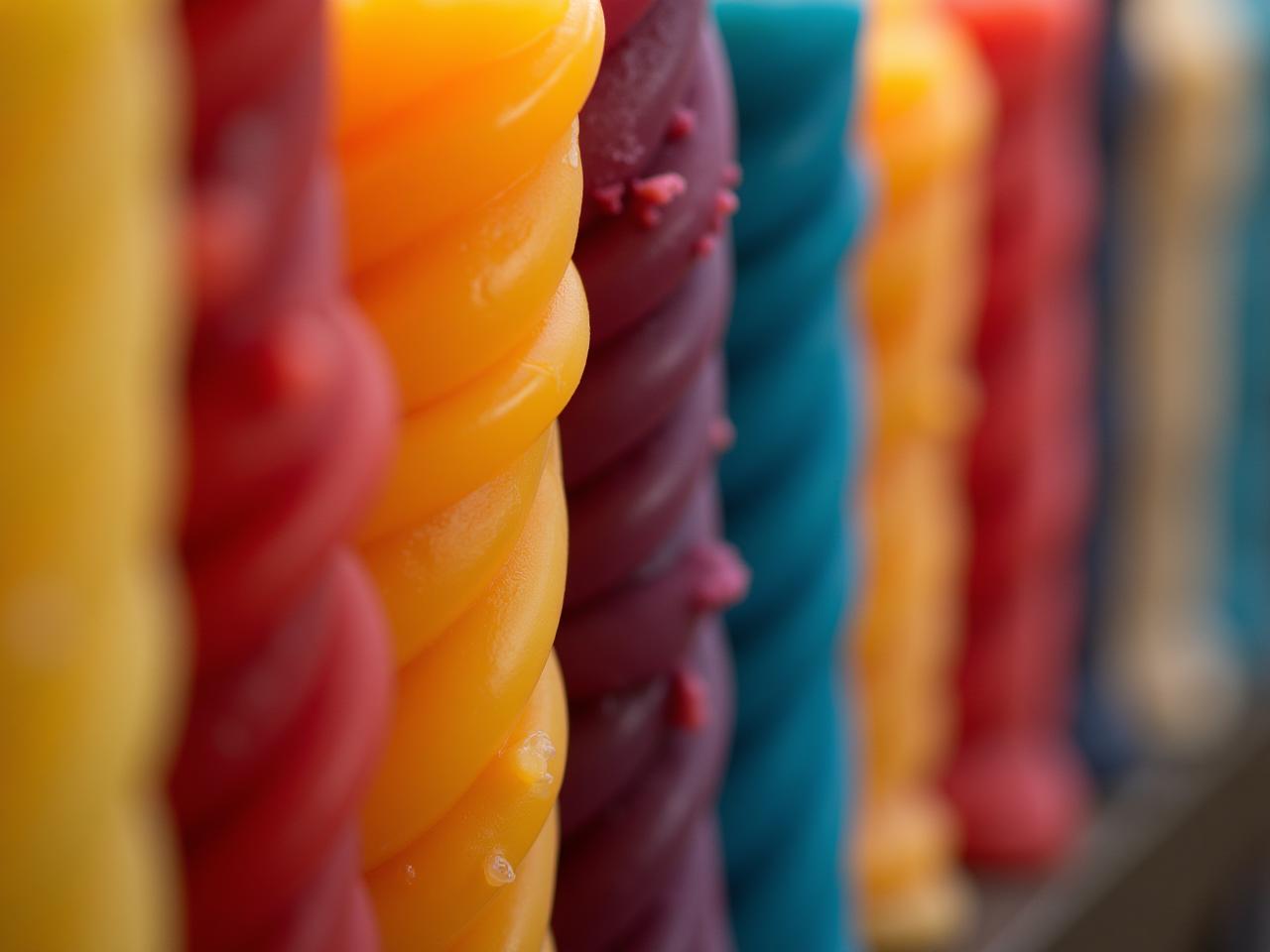Close-up of colorful beeswax candles with natural dyes, showcasing the vibrant hues and textures inspired by the Israeli landscape.
