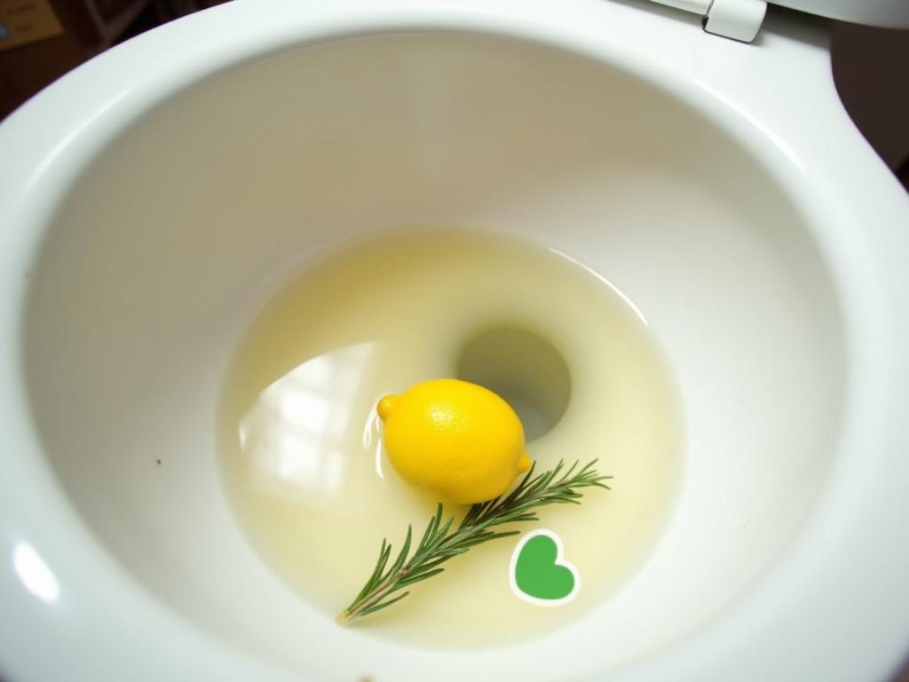 Close-up of a toilet bowl being cleaned with a lemon and baking soda mixture, with a sprig of rosemary and a green heart emoji nearby.