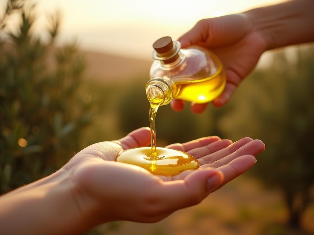 A close-up of a hand pouring olive oil over dry skin, with olive trees in the background under a sunny Israeli sky.