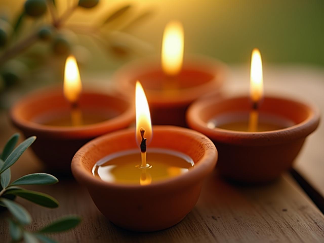 Close-up of small, rustic clay cups filled with olive oil, each with a lit cotton wick, casting a warm, golden light. The background is softly blurred, showing a natural setting with olive branches and sunlight.