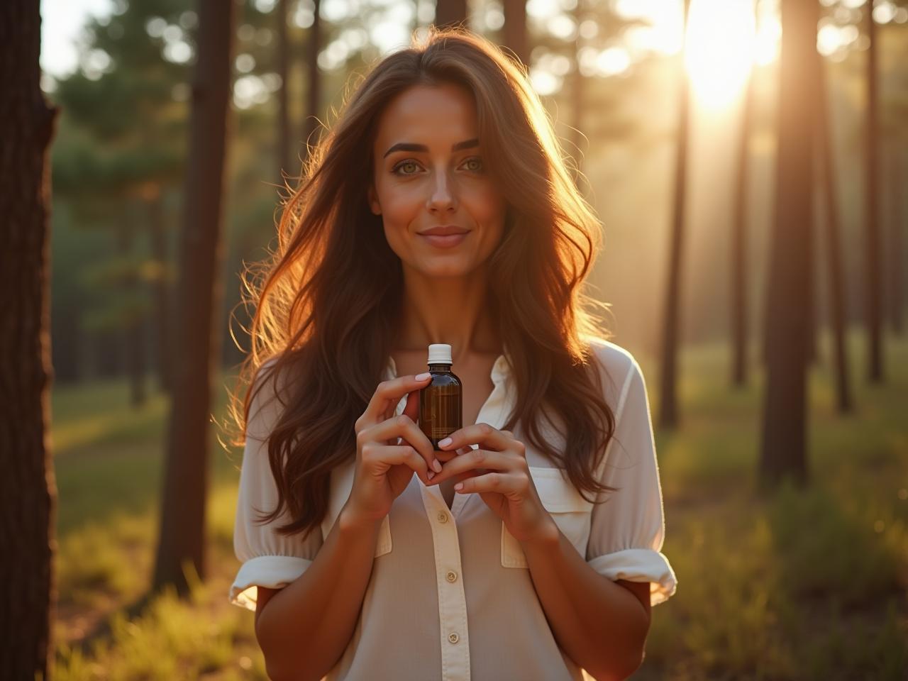 A close-up shot of a woman with healthy, shiny hair, standing in a pine forest in the Carmel Mountains, Israel. Sunlight filters through the trees. Shes holding a small bottle of homemade hair oil.