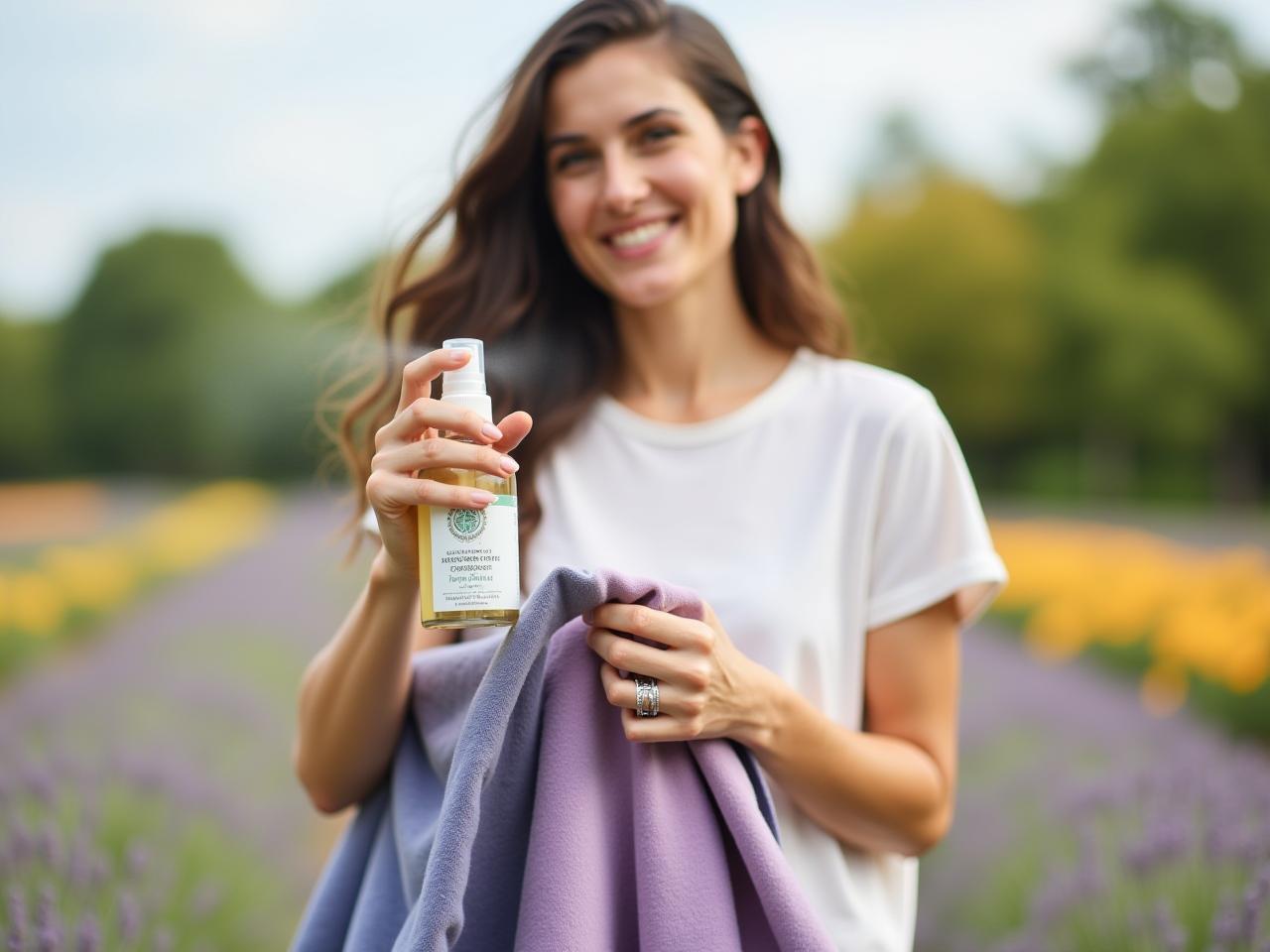 A woman spraying natural lavender and citrus fabric refresher on clothes, with a background of lavender fields and citrus trees.
