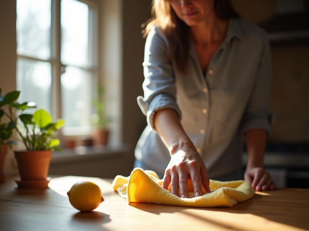 A woman cleaning a wooden table with a cloth and a lemon, with natural light shining through a window.