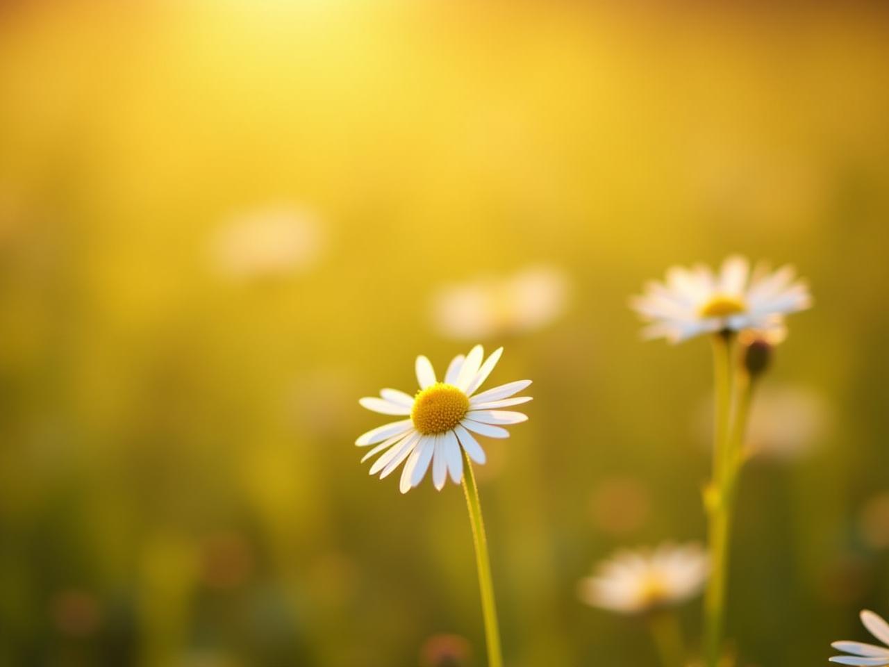 Close-up of chamomile flowers in a field, bathed in warm sunlight. A cup of chamomile tea is visible in the background.