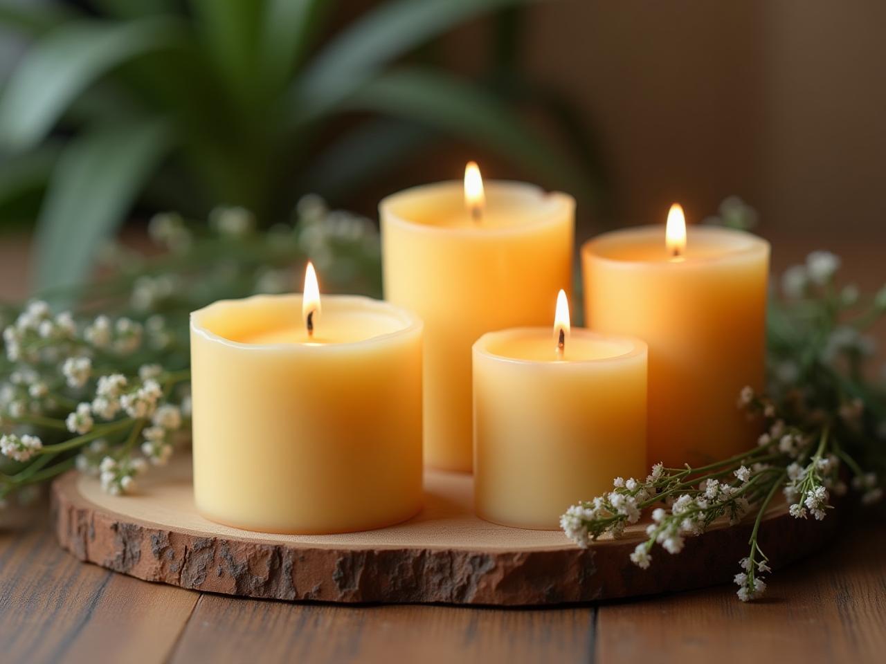 Handmade natural candles with essential oils and natural wax on a wooden table with flowers and greenery around them.
