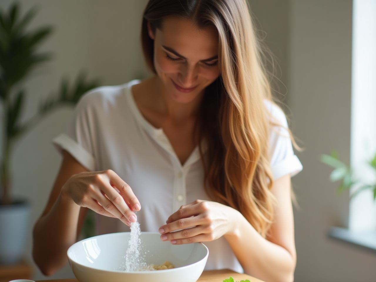 A woman with long, shiny hair mixing natural ingredients in a bowl to make homemade shampoo.