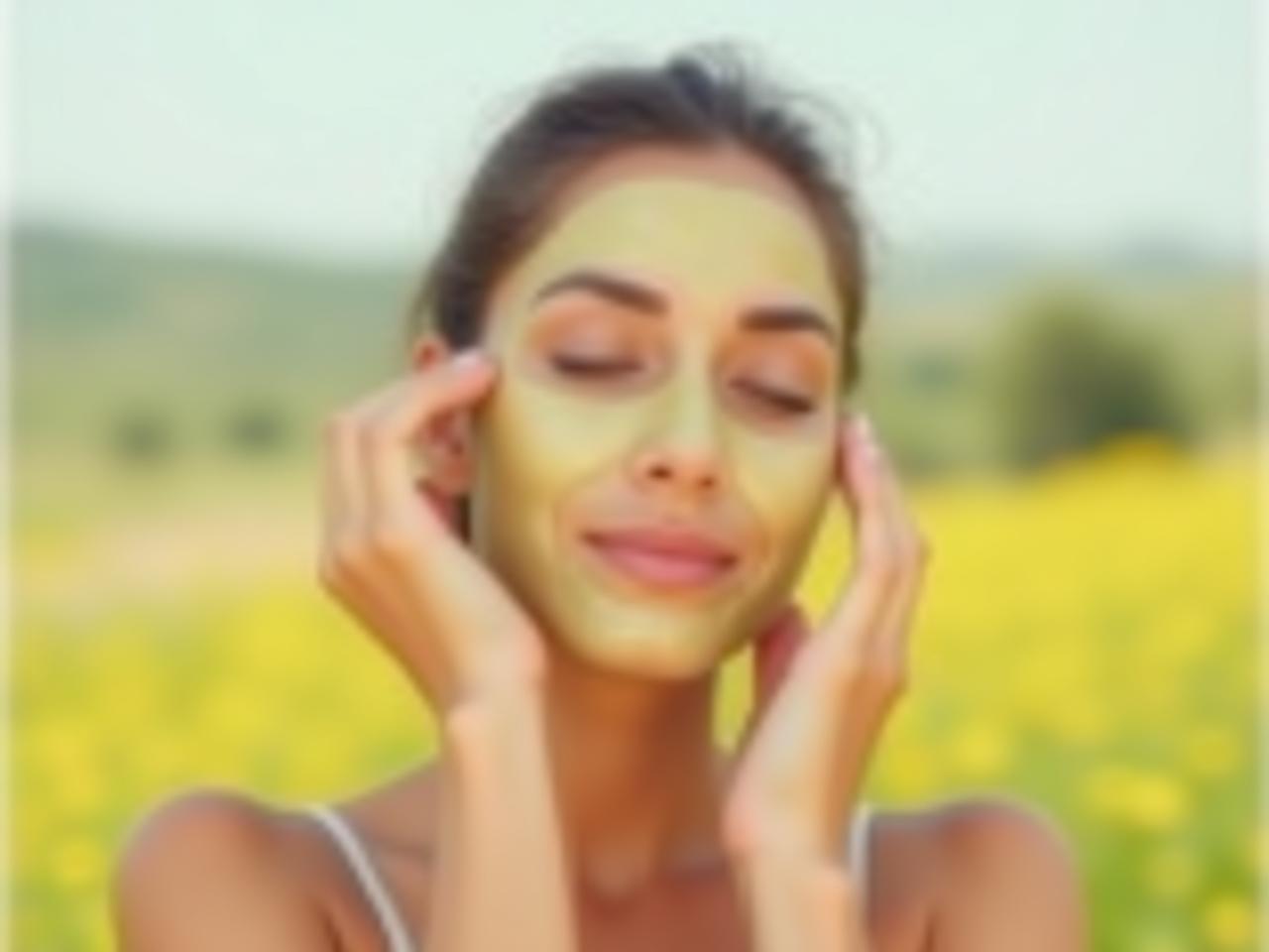 Woman applying a natural face mask with honey, olive oil, and aloe vera, with a background of Israeli summer landscape.