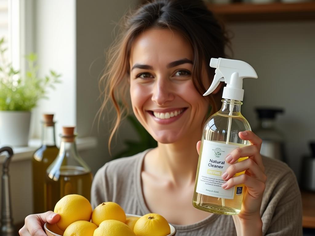 Close-up of Noa Lavie smiling warmly, holding a spray bottle with a label saying Natural Cleaner next to a bowl of lemons and a bottle of olive oil. The background shows a sunlit Israeli kitchen with herbs growing on the windowsill.