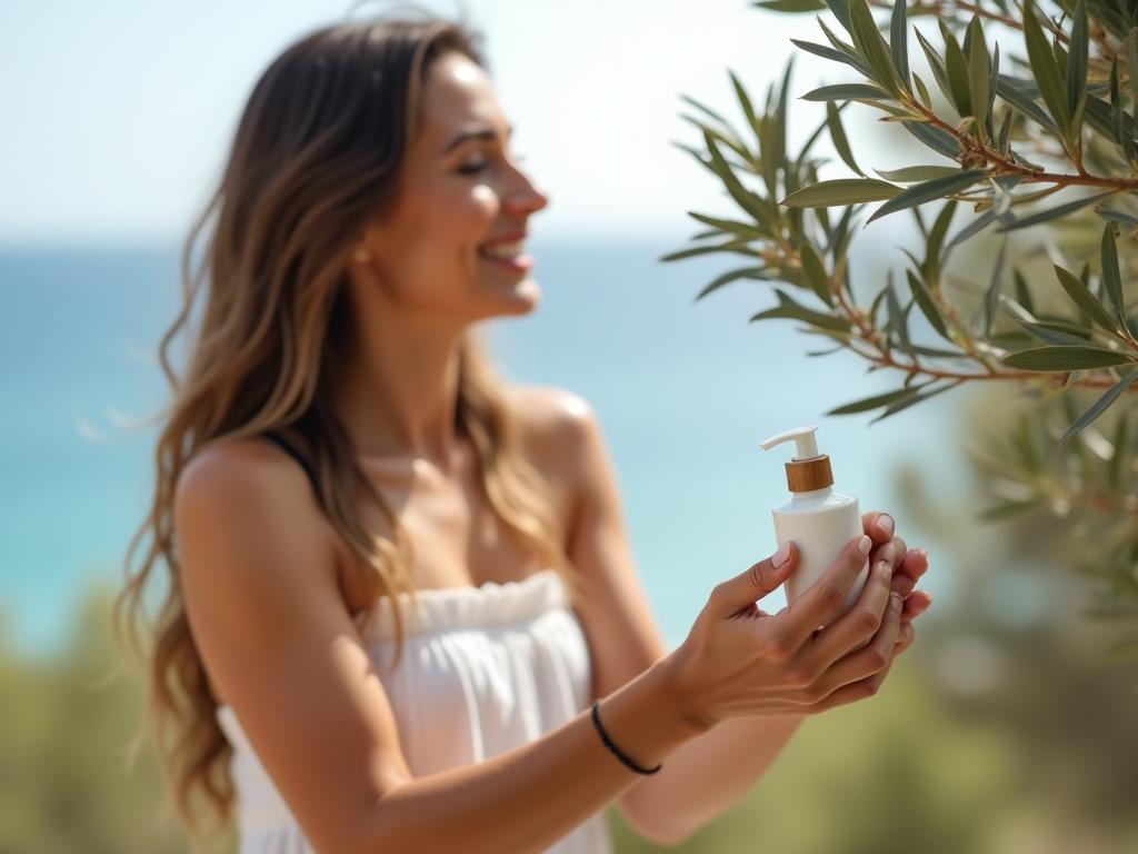 A woman applying a homemade coconut and almond body lotion, with olive trees and the Mediterranean Sea in the background.