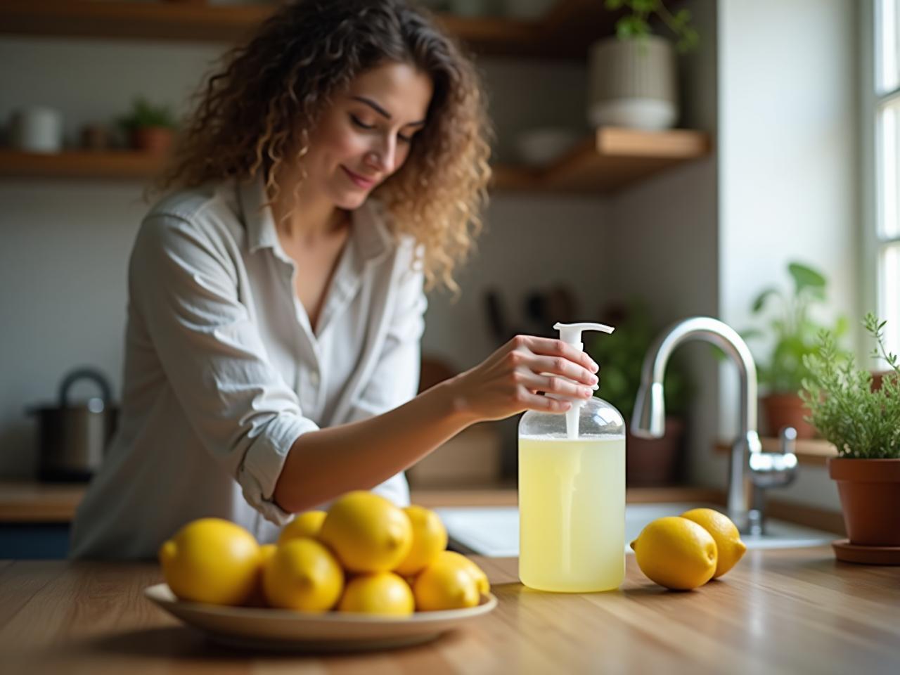 A woman making natural dish soap with lemons and olive oil in her kitchen.