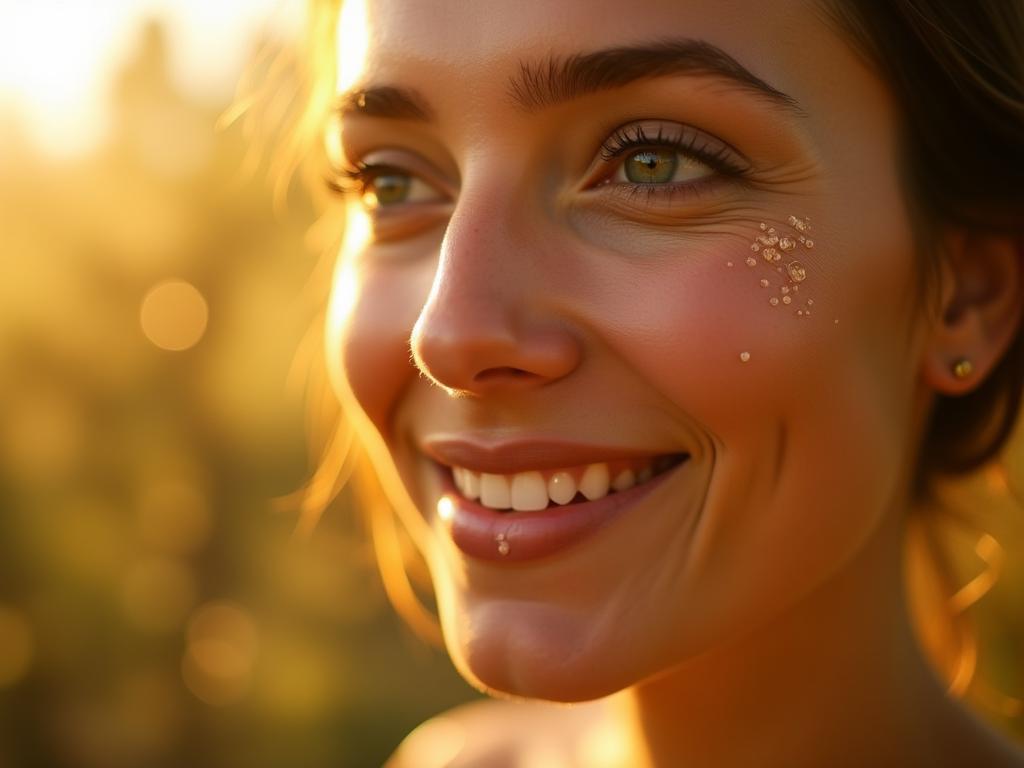 A close-up shot of Noa Lavis radiant face, with a gentle glow, and droplets of olive oil on her skin. In the background, blurred, is an olive grove in the Galilee bathed in golden sunlight.