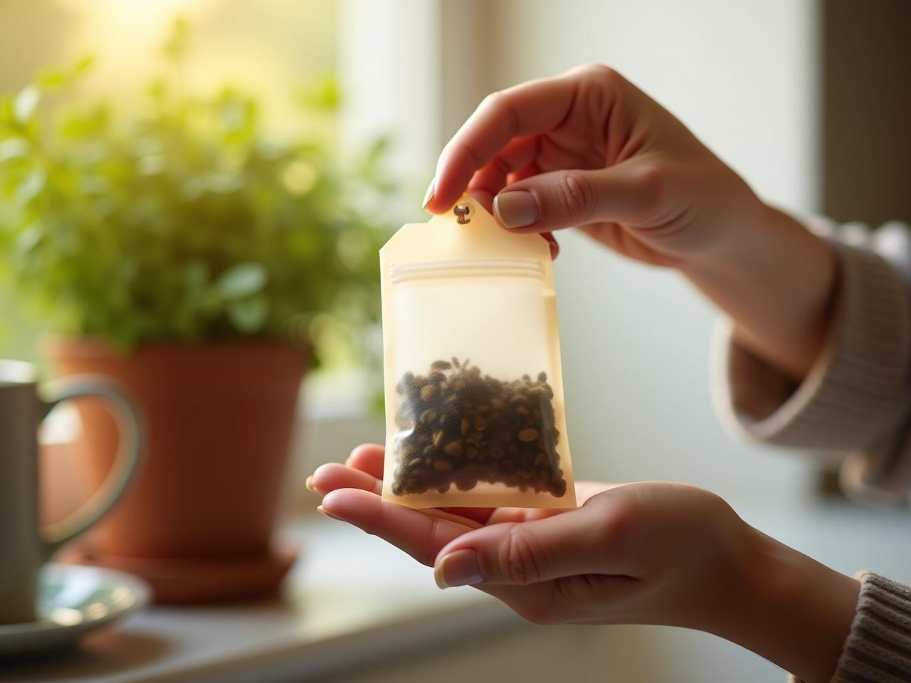Close-up of a womans hands holding a small, handmade reusable tea bag filled with loose leaf tea. The background shows a sunlit kitchen with a herb garden in the window.