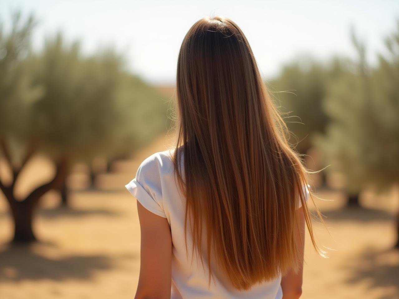 A woman with long, healthy, and shiny hair, standing in a field of olive trees in Israel.