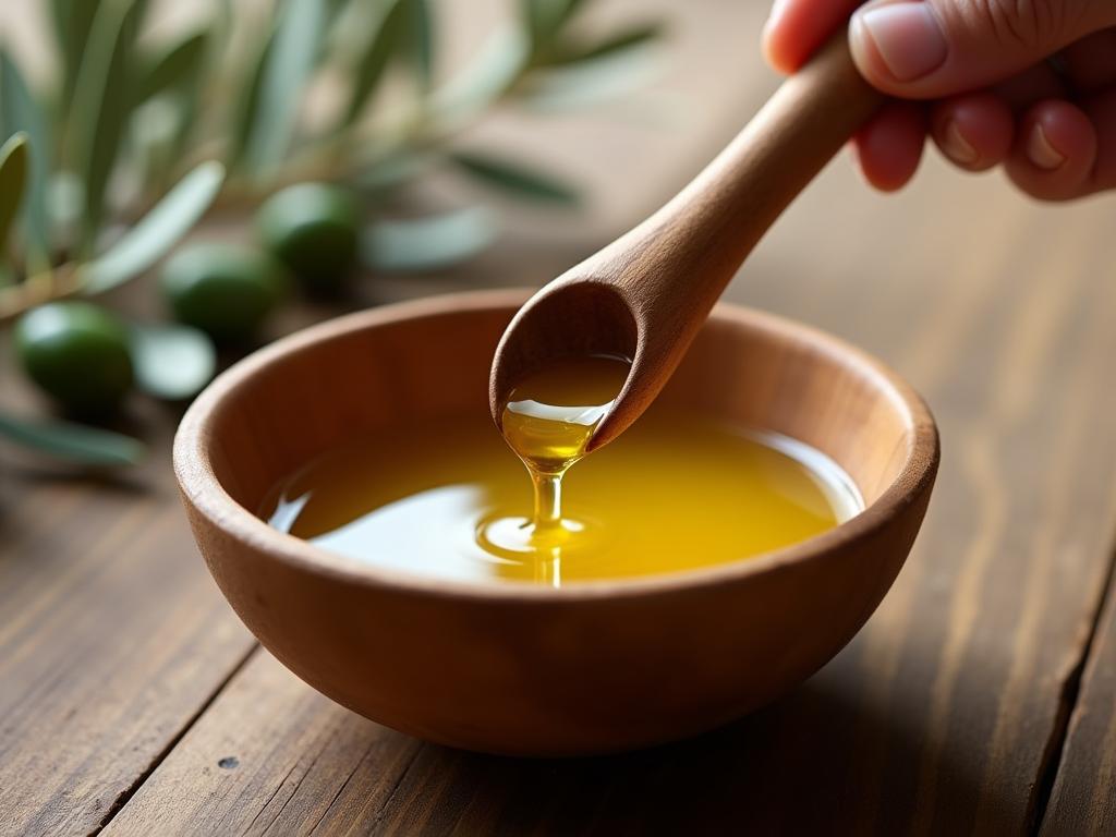 A wooden bowl being oiled with olive oil, with an olive tree in the background.