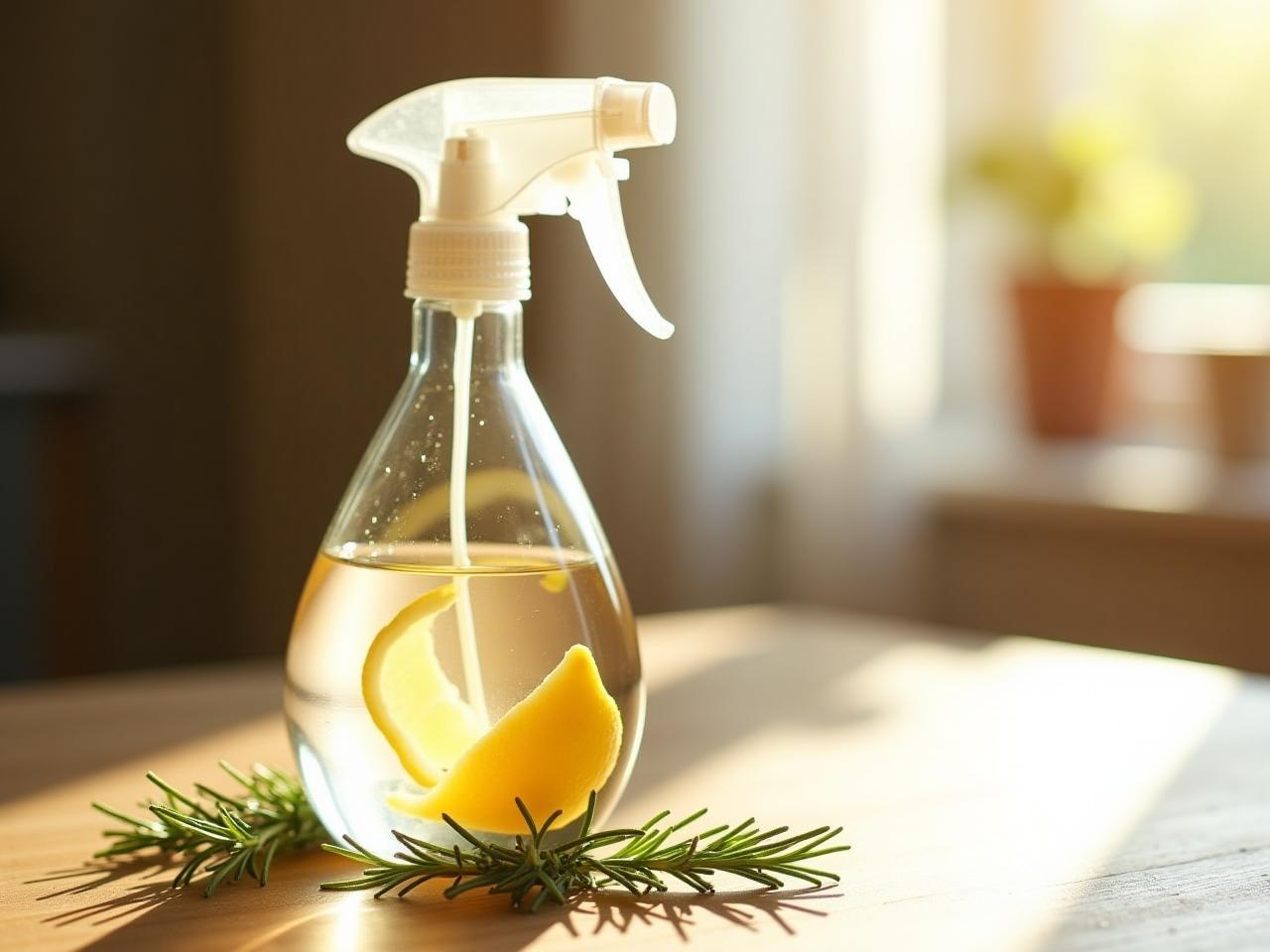 A glass spray bottle filled with a mixture of water and white vinegar with a lemon peel inside, placed on a wooden surface with scattered rosemary sprigs. Sunlight shines through a nearby window.