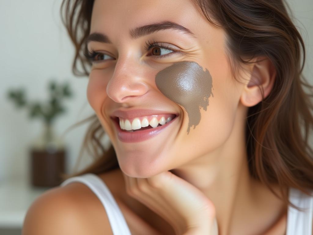 A close-up of a womans smiling face with clear skin, showcasing the positive results of natural skincare. In the background, there are olive branches and a jar of homemade clay mask.