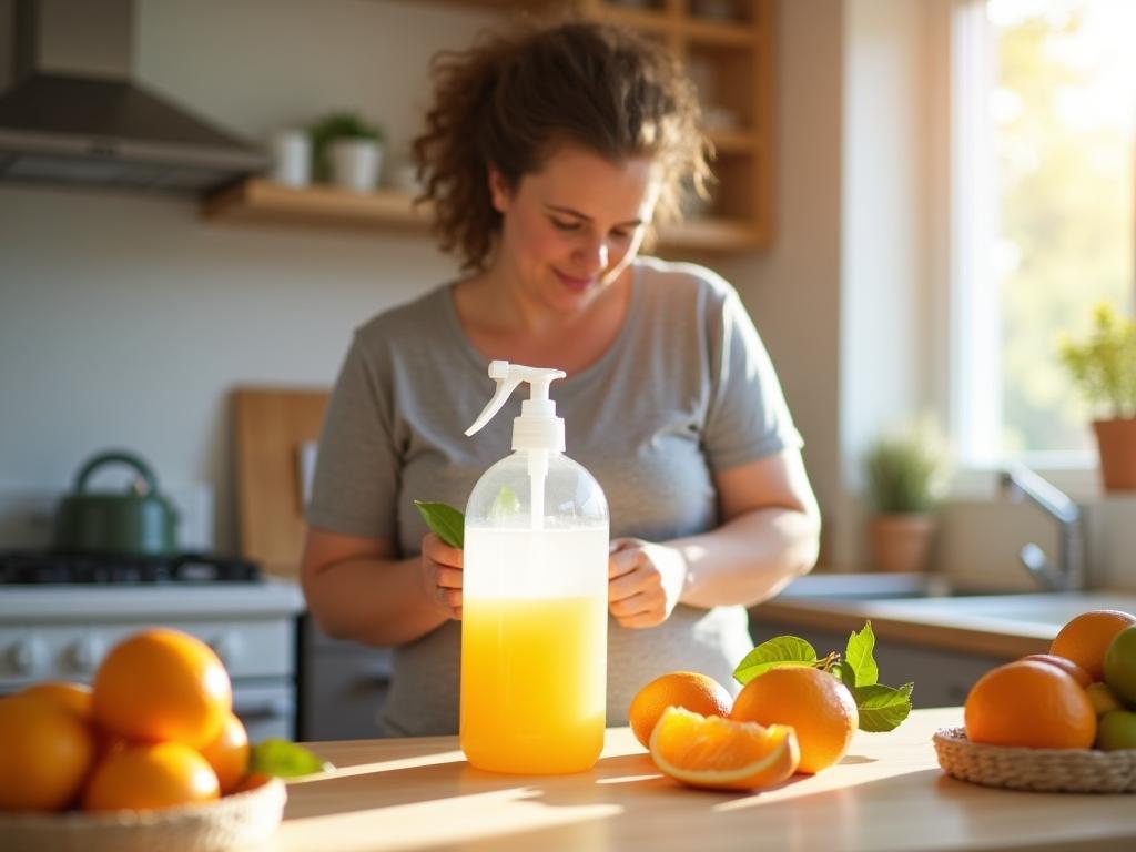 A woman making natural dish soap with citrus fruits and Castile soap in a bright, sunny kitchen.