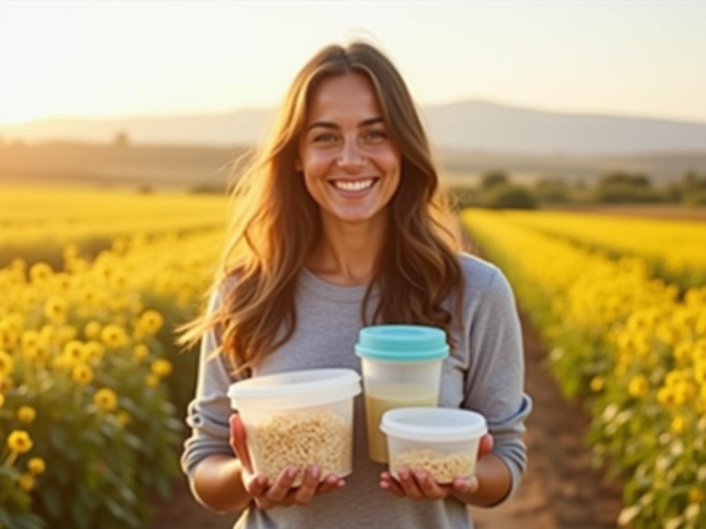 A woman smiling holding reusable food containers with a background of a sunny Israeli field.