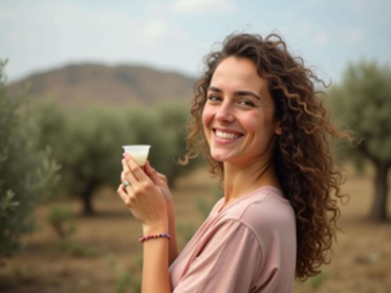 A woman smiling and holding a menstrual cup in a field of olive trees.