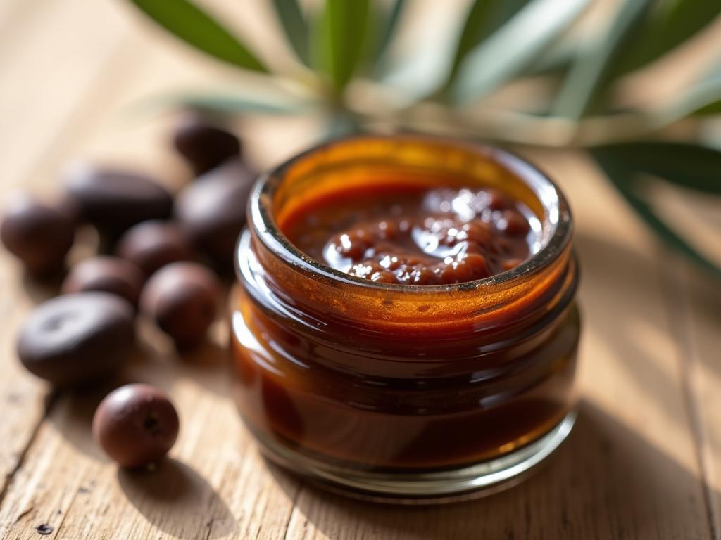 Close-up of homemade carob scar treatment in a small glass jar, with carob pods and olive branch in the background. Natural sunlight and earthy tones.