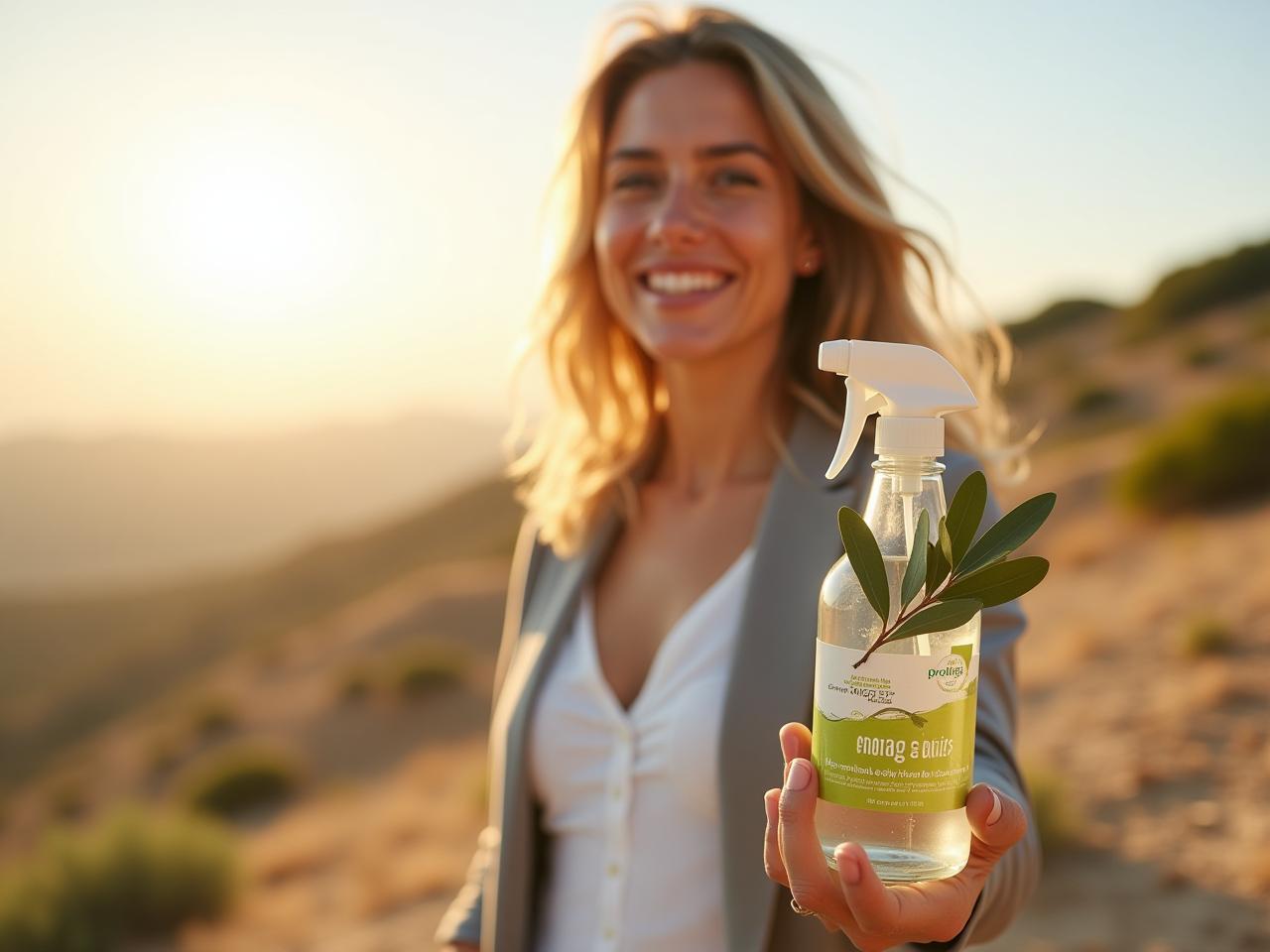 A woman smiling while holding a glass spray bottle with a green label and olive branch, surrounded by natural cleaning ingredients like vinegar, baking soda, and essential oils, with a blurred background of a sunny Israeli landscape.
