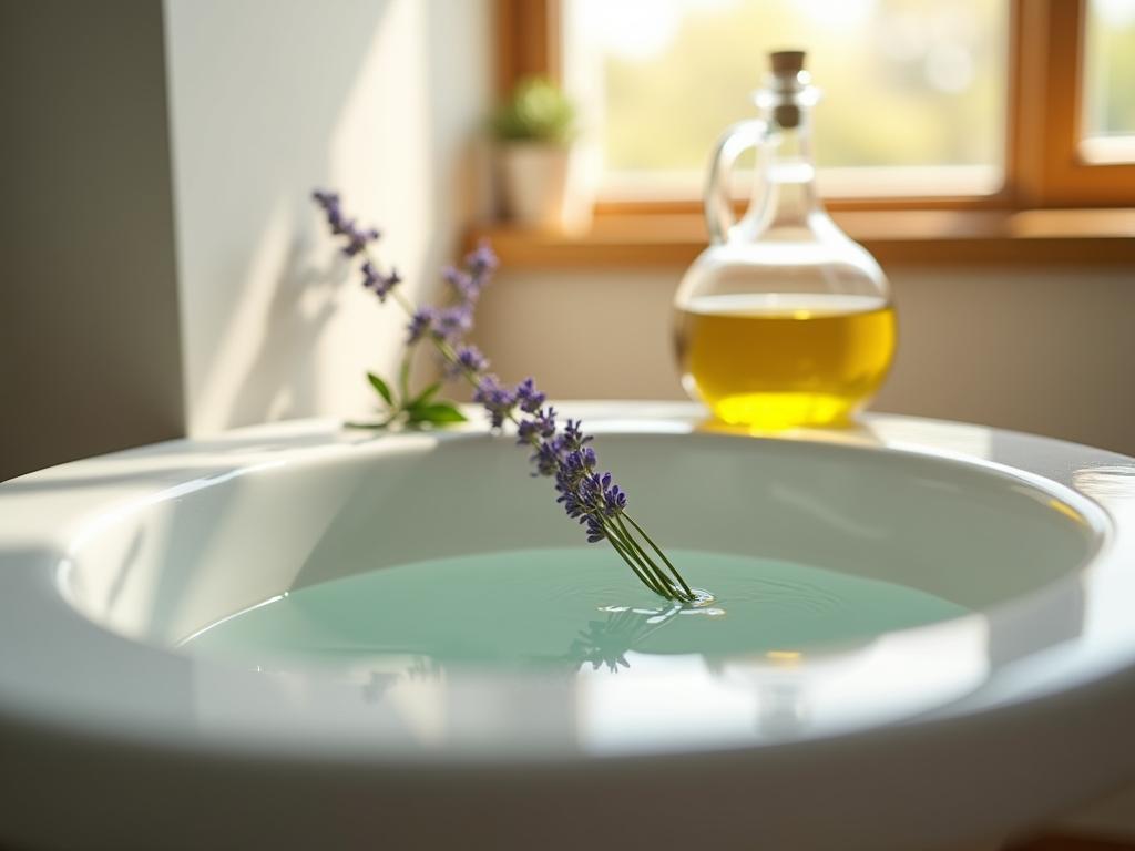 Close up of a sparkling clean toilet bowl with a sprig of lavender and a bottle of olive oil next to it. Sunlight streaming in from a window.